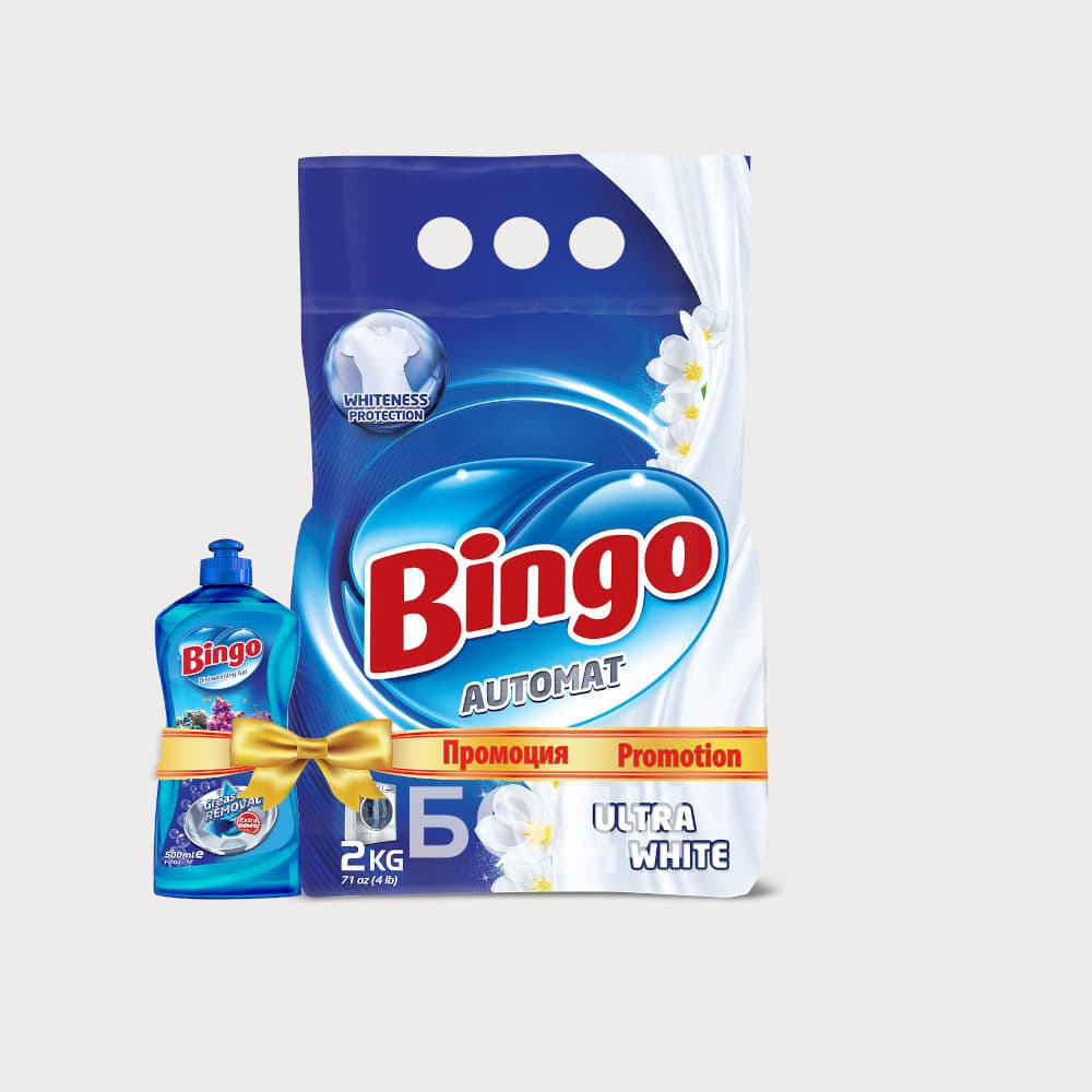 БИНГО ПРАХ ЗА ПРАНЕ 2 КГ ULTRA WHITE +ПР.СЪДОВЕ